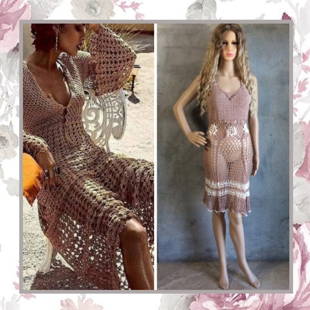 🎀 CROCHET MIDI DRESS FISHNET SHEER COVER SWIM TAN BEIGE SEXY SLEEVELESS BOHO